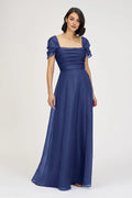 Refined Beautiful Timeless Elegant Navy Blue A-Line Square Neck Floor-Length Prom Dress