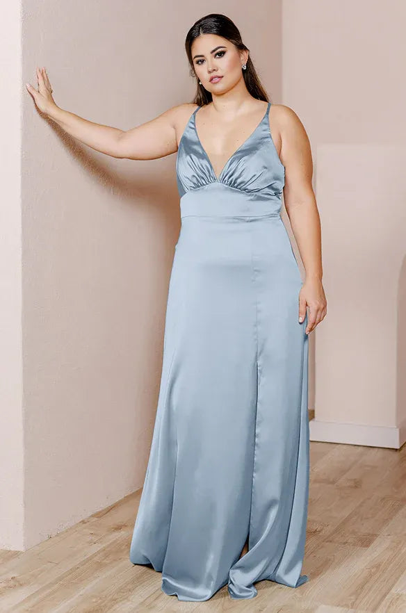 Stylish Refined Beautiful Elegant Dusty Blue Satin A-Line Sleeveless Floor-Length Prom Dress