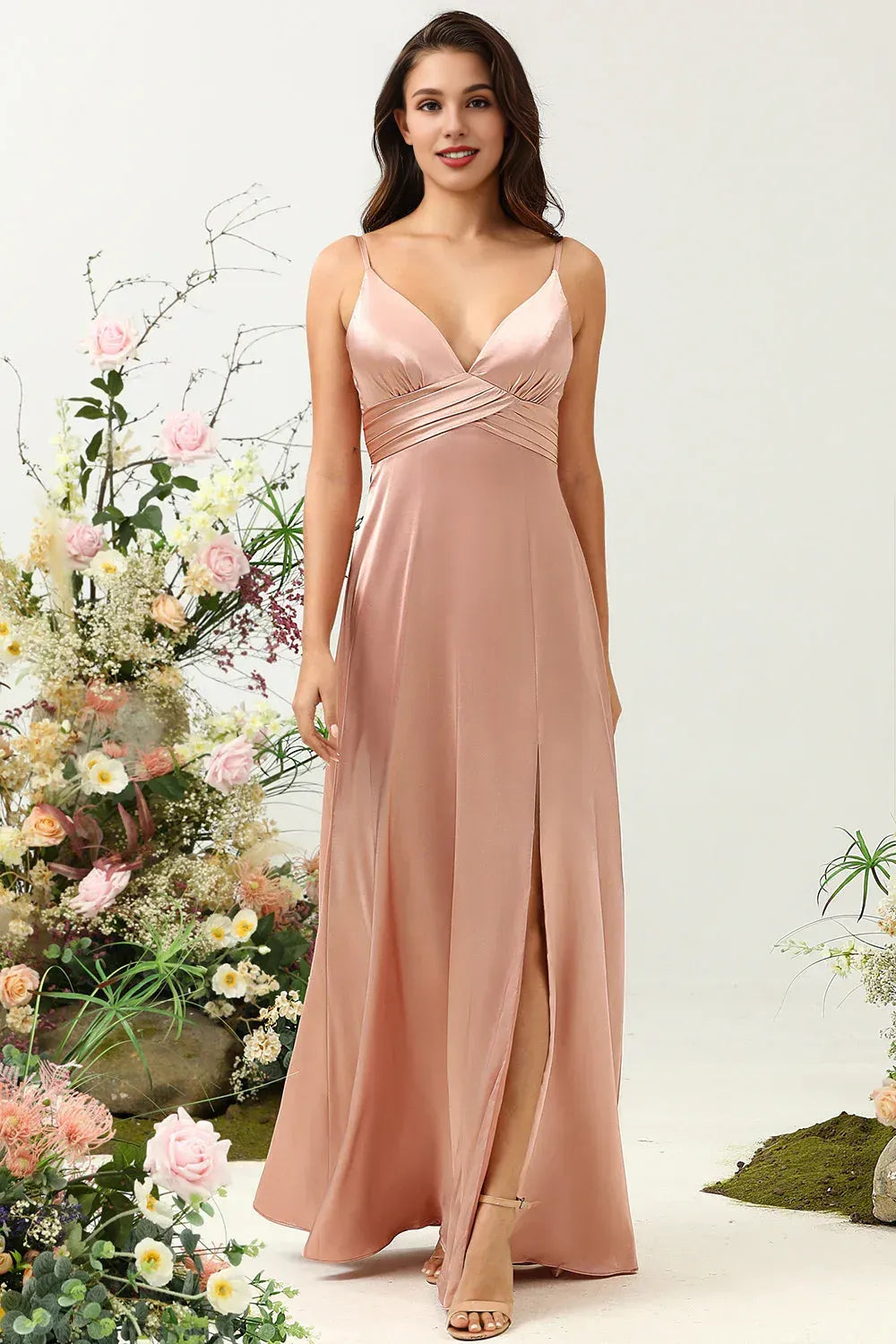 Timeless Special Occasion Sophisticated Elegant Dusty Rose Satin Sleeveless Floor-Length Prom Dress