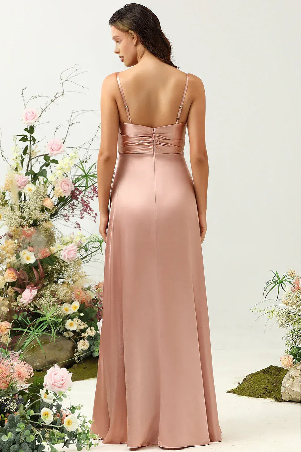 Timeless Special Occasion Sophisticated Elegant Dusty Rose Satin Sleeveless Floor-Length Prom Dress