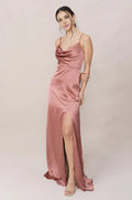 Graceful Stylish Refined Beautiful Elegant Mauve Satin Cowl Sleeveless Floor-Length Prom Dress