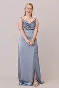 Refined Beautiful Timeless Elegant Dusty Blue Satin Cowl Sleeveless Floor-Length Prom Dress