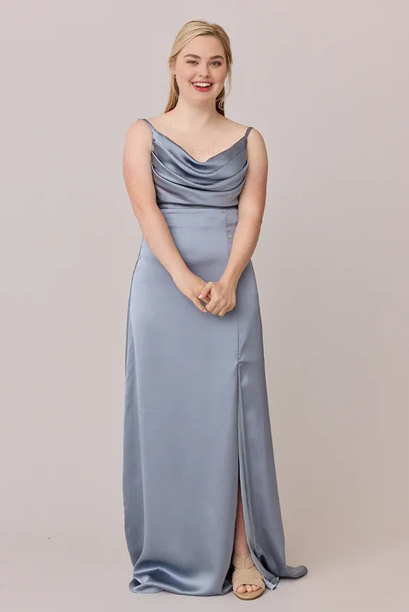 Refined Beautiful Timeless Elegant Dusty Blue Satin Cowl Sleeveless Floor-Length Prom Dress