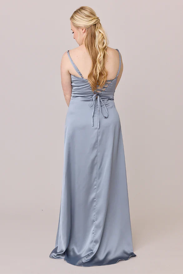 Refined Beautiful Timeless Elegant Dusty Blue Satin Cowl Sleeveless Floor-Length Prom Dress