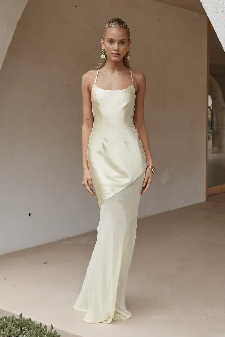 Stylish Refined Beautiful Timeless Chic Elegant Gold Satin Sleeveless Floor-Length Prom Dress