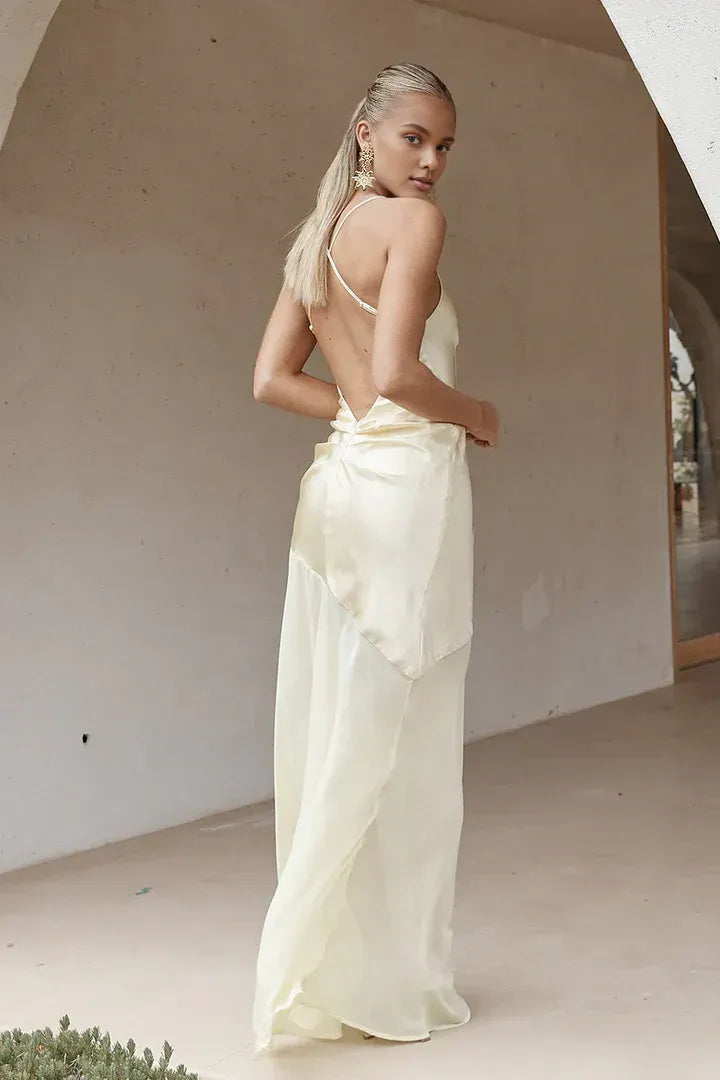 Stylish Refined Beautiful Timeless Chic Elegant Gold Satin Sleeveless Floor-Length Prom Dress