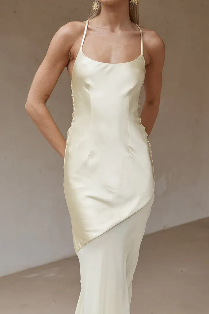 Stylish Refined Beautiful Timeless Chic Elegant Gold Satin Sleeveless Floor-Length Prom Dress
