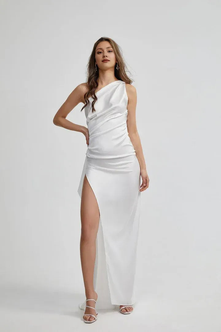 Beautiful Timeless Special Occasion Sophisticated Elegant Ivory Satin Sleeveless Floor-Length Wedding Dress
