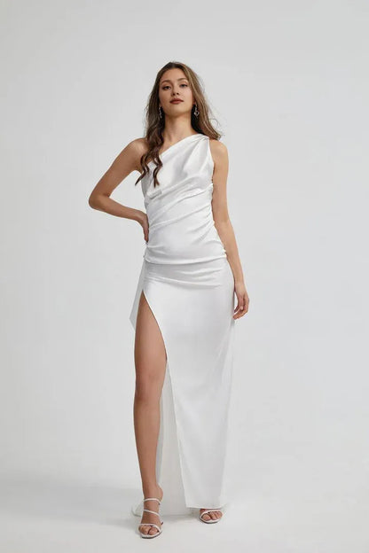 Beautiful Timeless Special Occasion Sophisticated Elegant Ivory Satin Sleeveless Floor-Length Wedding Dress