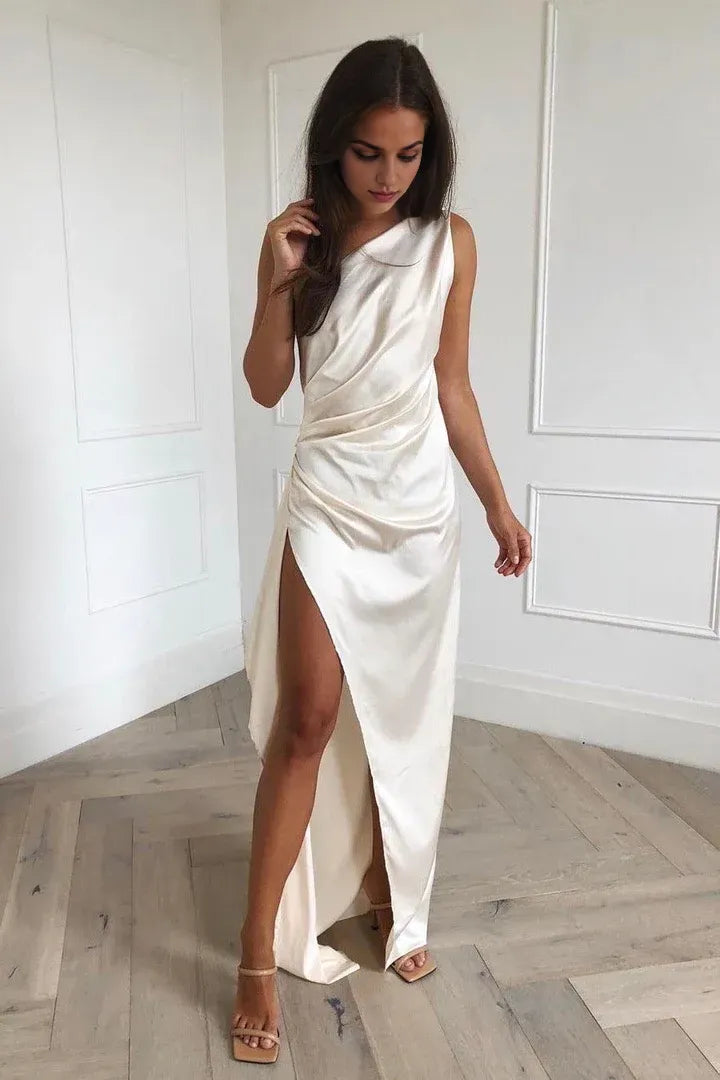 Beautiful Timeless Special Occasion Sophisticated Elegant Ivory Satin Sleeveless Floor-Length Wedding Dress