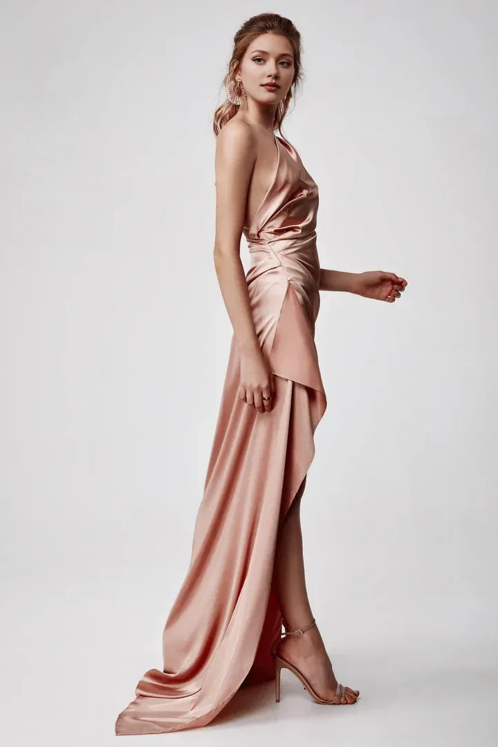 Beautiful Timeless Special Occasion Elegant Rose Gold Satin Sleeveless Floor-Length Prom Dress