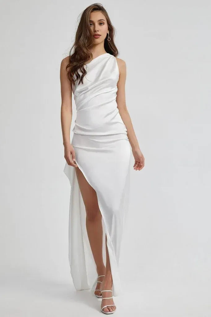 Beautiful Timeless Special Occasion Sophisticated Elegant Ivory Satin Sleeveless Floor-Length Wedding Dress