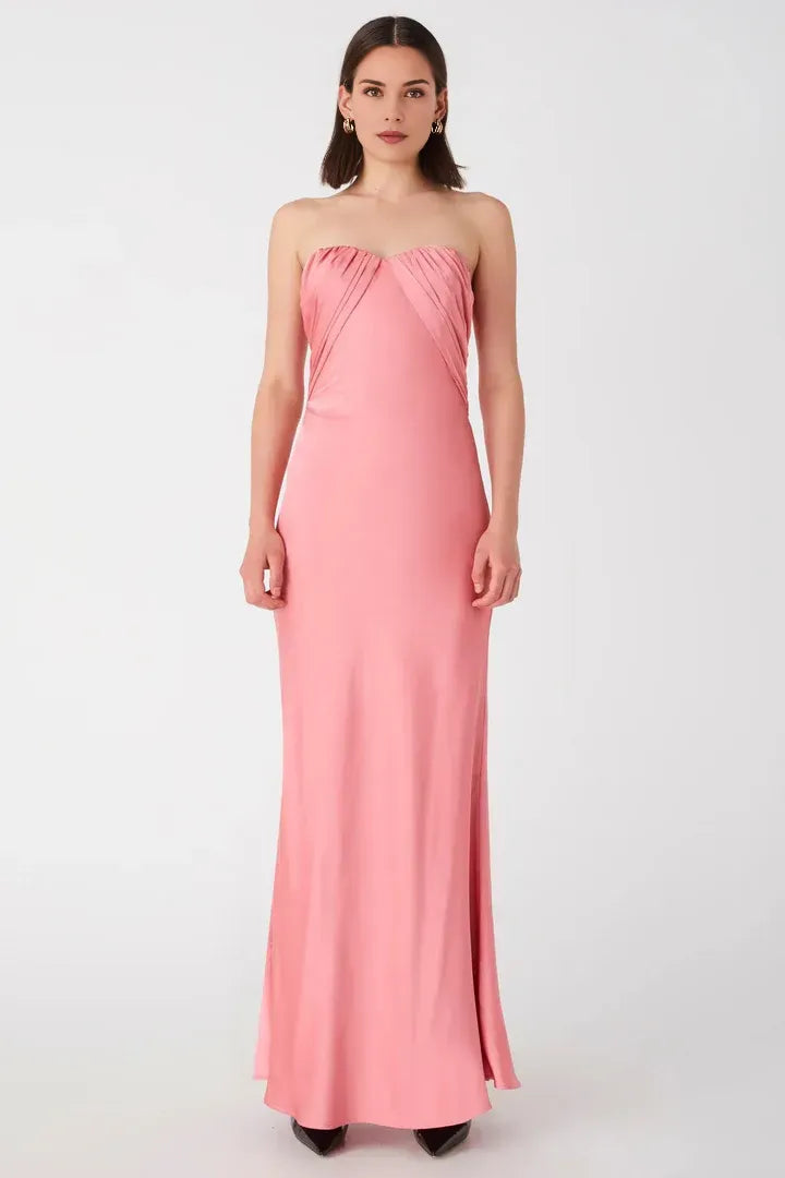 Graceful Stylish Refined Beautiful Elegant Pink Satin Strapless Sleeveless Floor-Length Prom Dress