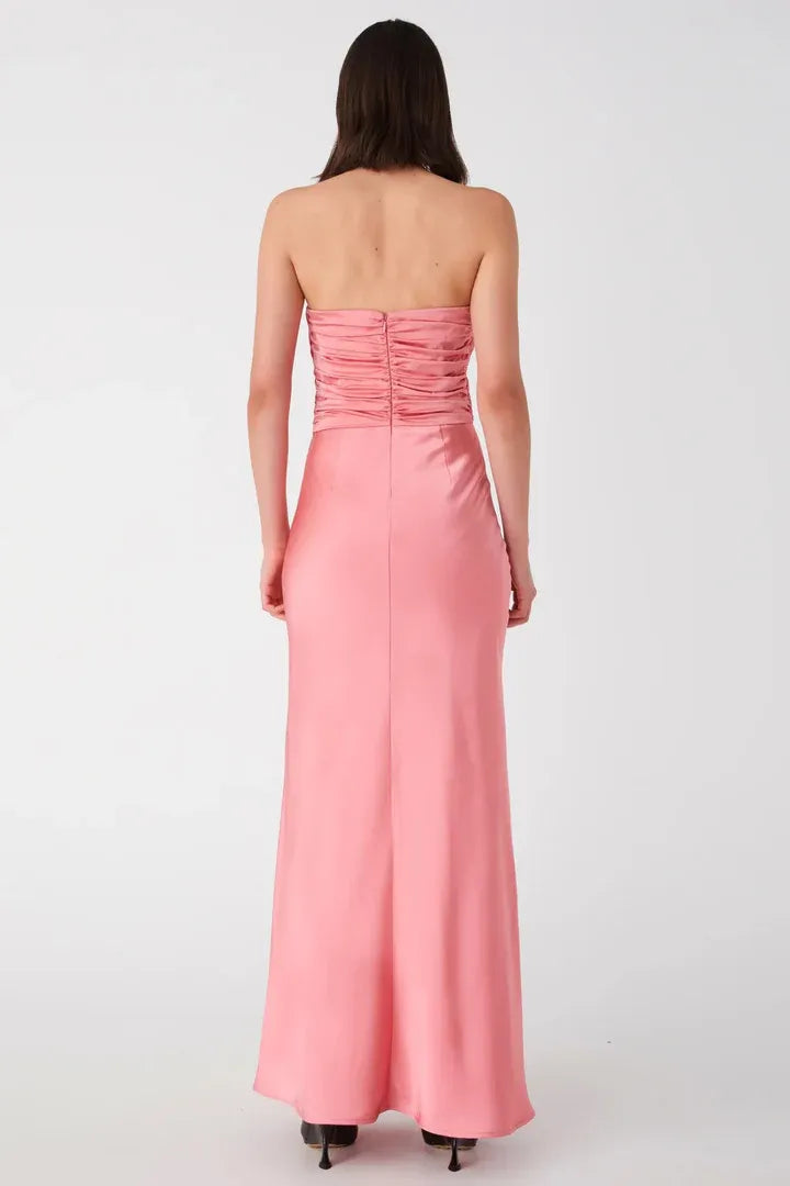 Graceful Stylish Refined Beautiful Elegant Pink Satin Strapless Sleeveless Floor-Length Prom Dress
