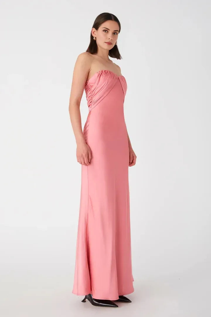 Graceful Stylish Refined Beautiful Elegant Pink Satin Strapless Sleeveless Floor-Length Prom Dress