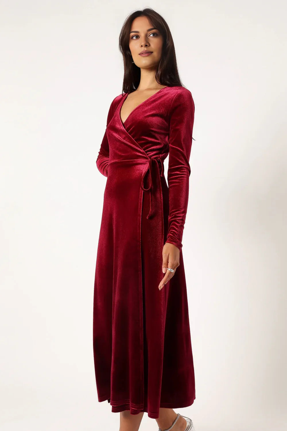 Stylish Refined Beautiful Timeless Elegant Burgundy Velvet Long Sleeve Long Prom Dress