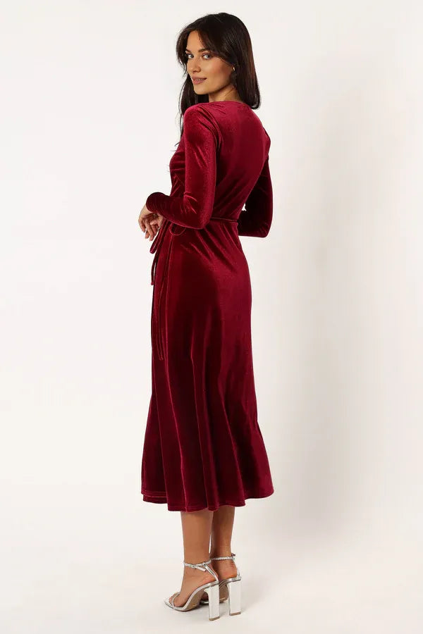 Stylish Refined Beautiful Timeless Elegant Burgundy Velvet Long Sleeve Long Prom Dress
