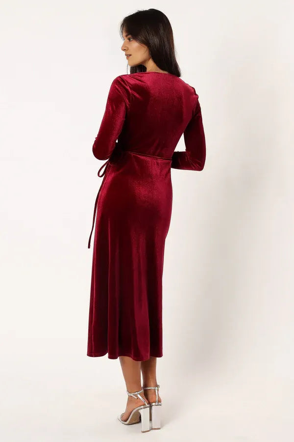 Stylish Refined Beautiful Timeless Elegant Burgundy Velvet Long Sleeve Long Prom Dress