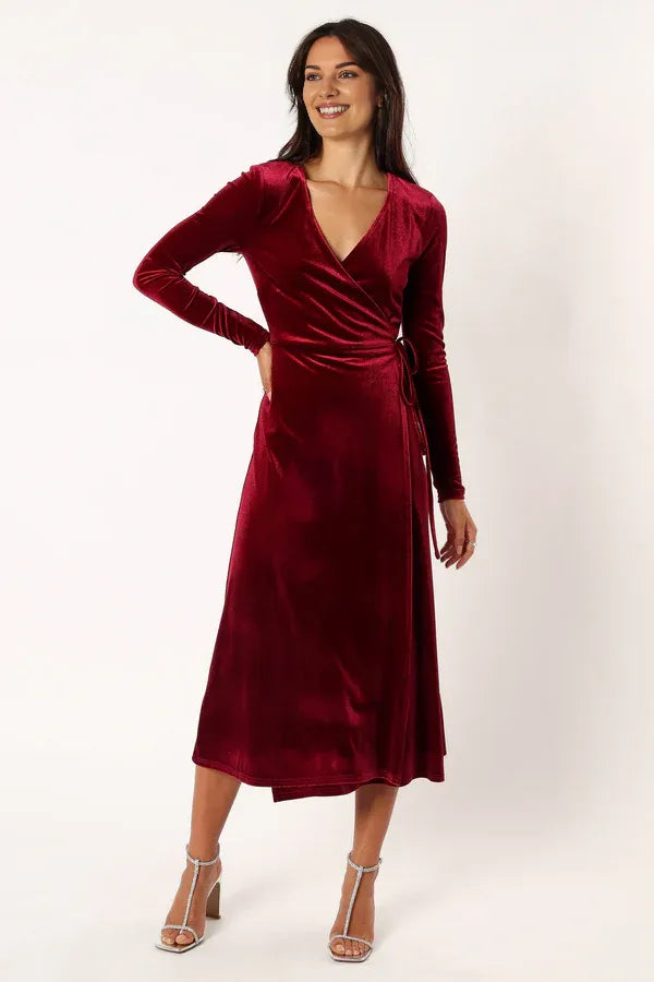 Stylish Refined Beautiful Timeless Elegant Burgundy Velvet Long Sleeve Long Prom Dress