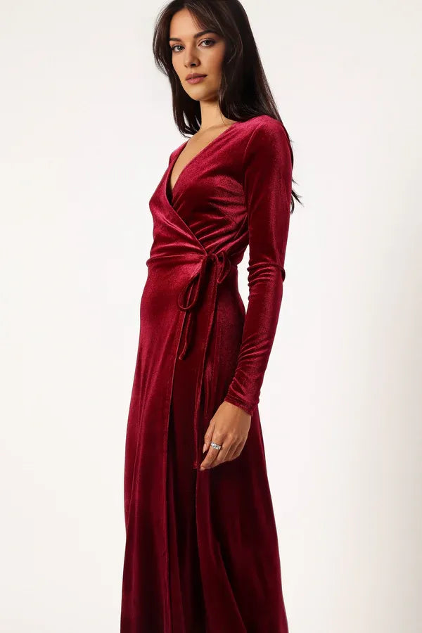 Stylish Refined Beautiful Timeless Elegant Burgundy Velvet Long Sleeve Long Prom Dress