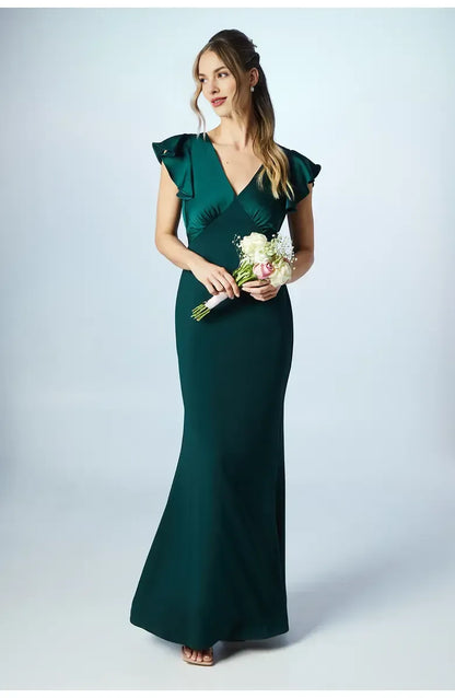 Stylish Refined Beautiful Elegant Emerald Green Satin Short Sleeve Floor-Length Prom Dress