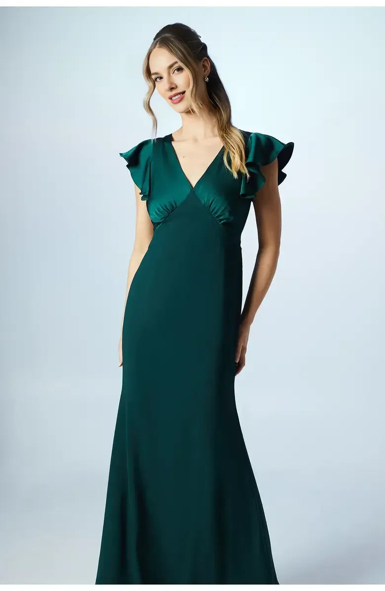 Stylish Refined Beautiful Elegant Emerald Green Satin Short Sleeve Floor-Length Prom Dress
