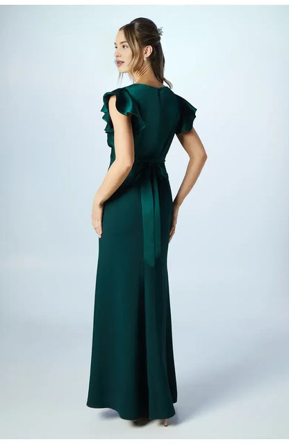 Stylish Refined Beautiful Elegant Emerald Green Satin Short Sleeve Floor-Length Prom Dress