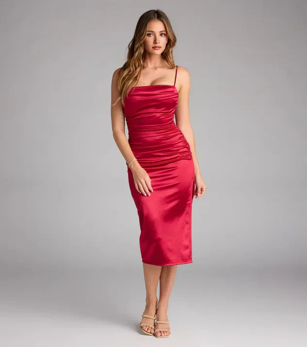 Special Occasion Sophisticated Graceful Elegant Red Satin Square Neck Sleeveless Tea-Length Prom Dress