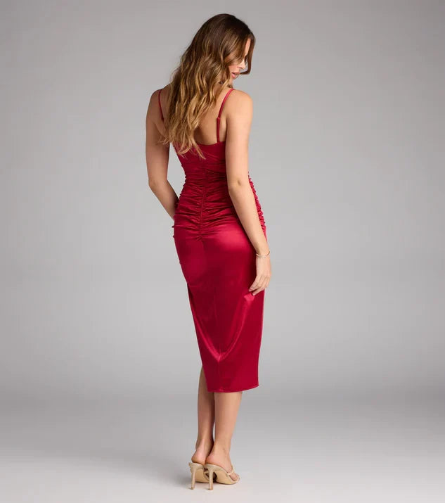 Special Occasion Sophisticated Graceful Elegant Red Satin Square Neck Sleeveless Tea-Length Prom Dress
