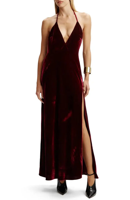 Timeless Special Occasion Sophisticated Elegant Burgundy Velvet Mermaid Halter Sleeveless Prom Dress
