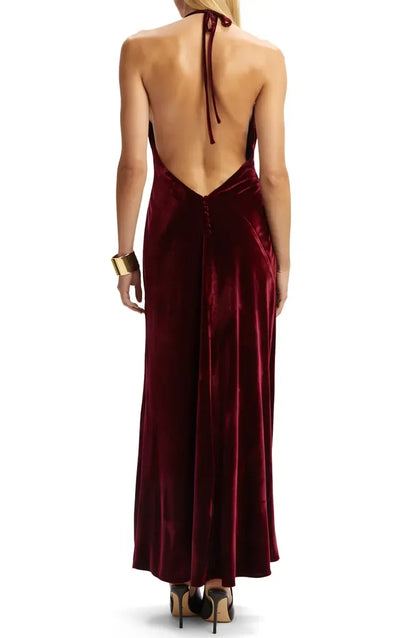 Timeless Special Occasion Sophisticated Elegant Burgundy Velvet Mermaid Halter Sleeveless Prom Dress