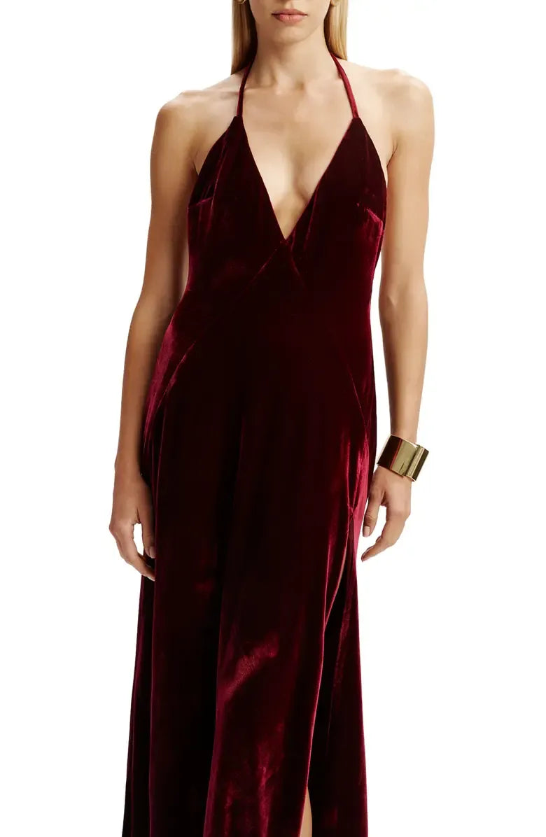 Timeless Special Occasion Sophisticated Elegant Burgundy Velvet Mermaid Halter Sleeveless Prom Dress