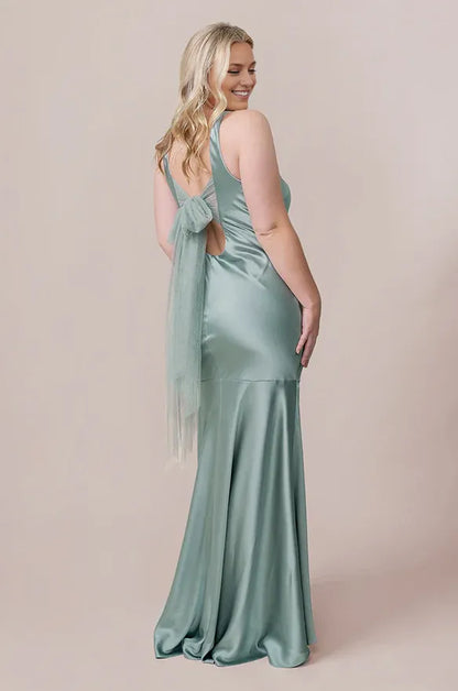 Special Occasion Elegant Blush Pink Satin Mermaid Scoop Neck Sleeveless Floor-Length Prom Dress