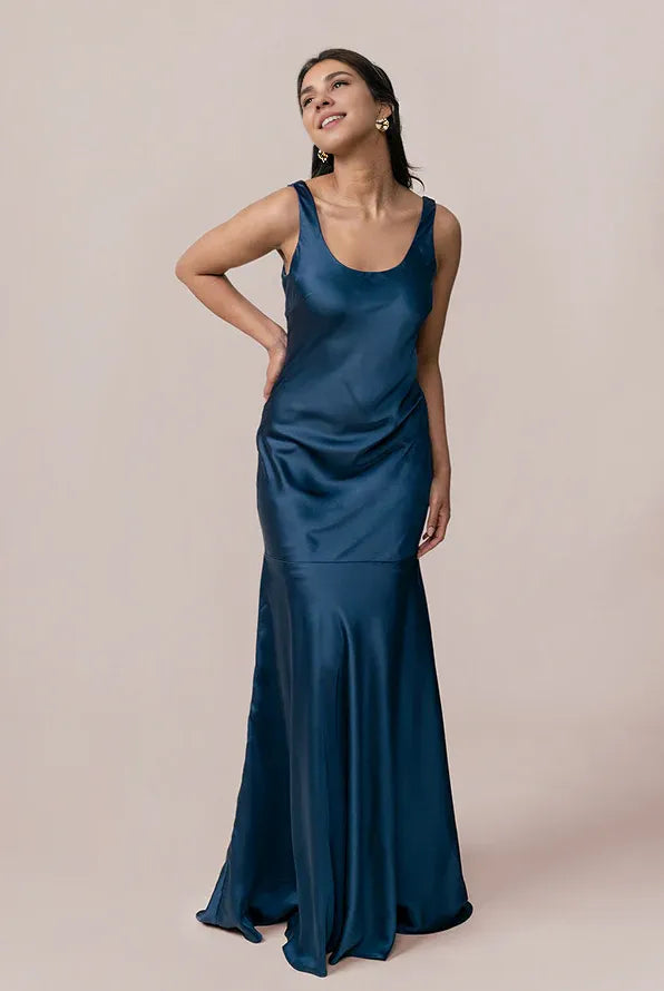 Special Occasion Elegant Blush Pink Satin Mermaid Scoop Neck Sleeveless Floor-Length Prom Dress
