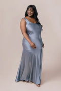 Timeless Elegant Dusty Blue Satin Mermaid Scoop Neck Sleeveless Floor-Length Prom Dress