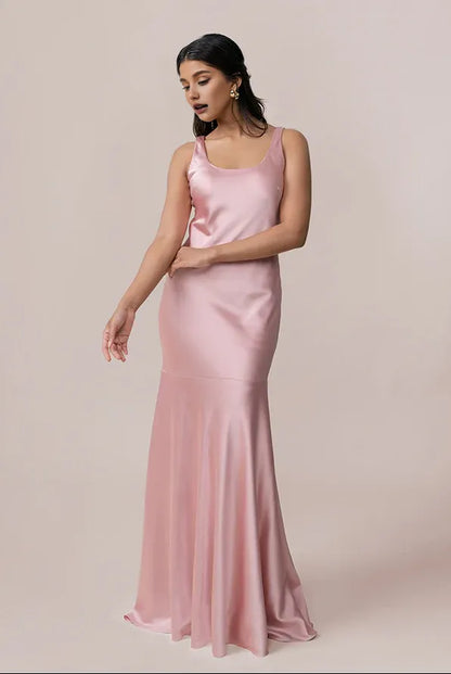 Special Occasion Elegant Blush Pink Satin Mermaid Scoop Neck Sleeveless Floor-Length Prom Dress