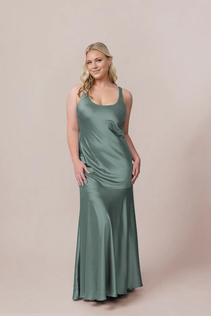 Special Occasion Elegant Blush Pink Satin Mermaid Scoop Neck Sleeveless Floor-Length Prom Dress