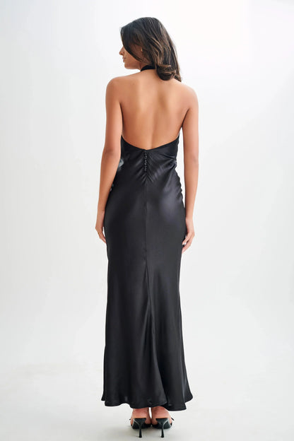Stylish Refined Beautiful Timeless Chic Elegant Black Satin Sleeveless Long Prom Dress