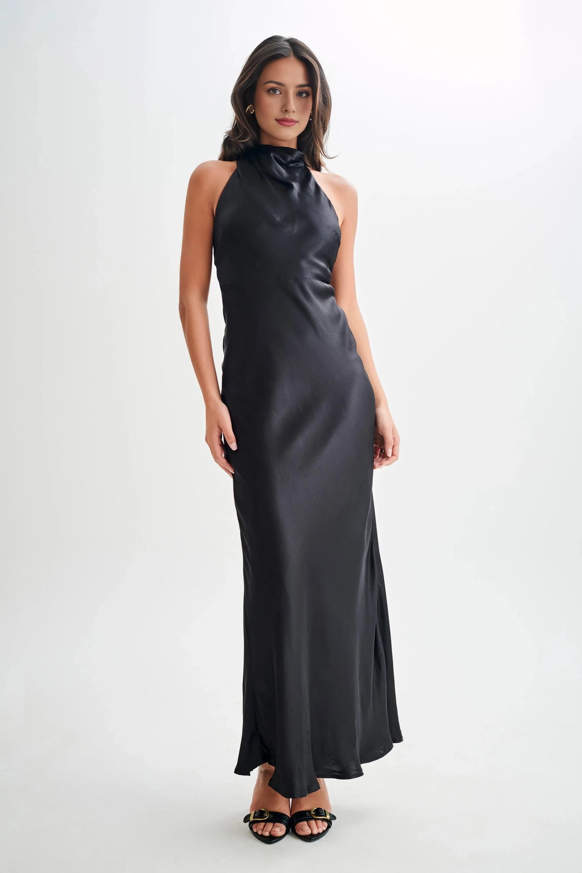 Stylish Refined Beautiful Timeless Chic Elegant Black Satin Sleeveless Long Prom Dress