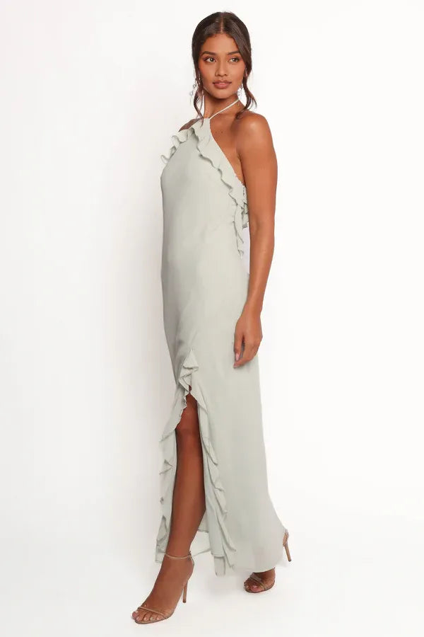 Beautiful Timeless Special Occasion Elegant Sage Green Sheath Halter Sleeveless Prom Dress