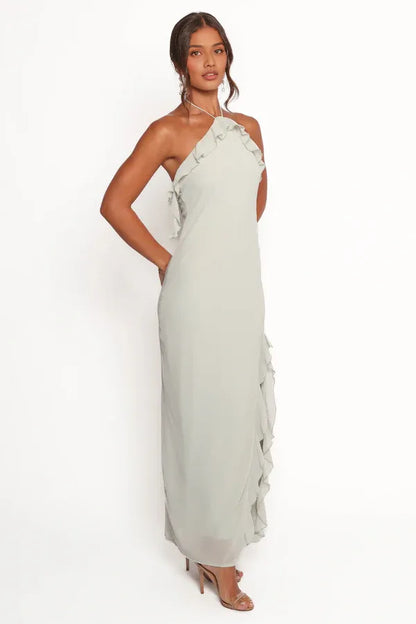 Beautiful Timeless Special Occasion Elegant Sage Green Sheath Halter Sleeveless Prom Dress