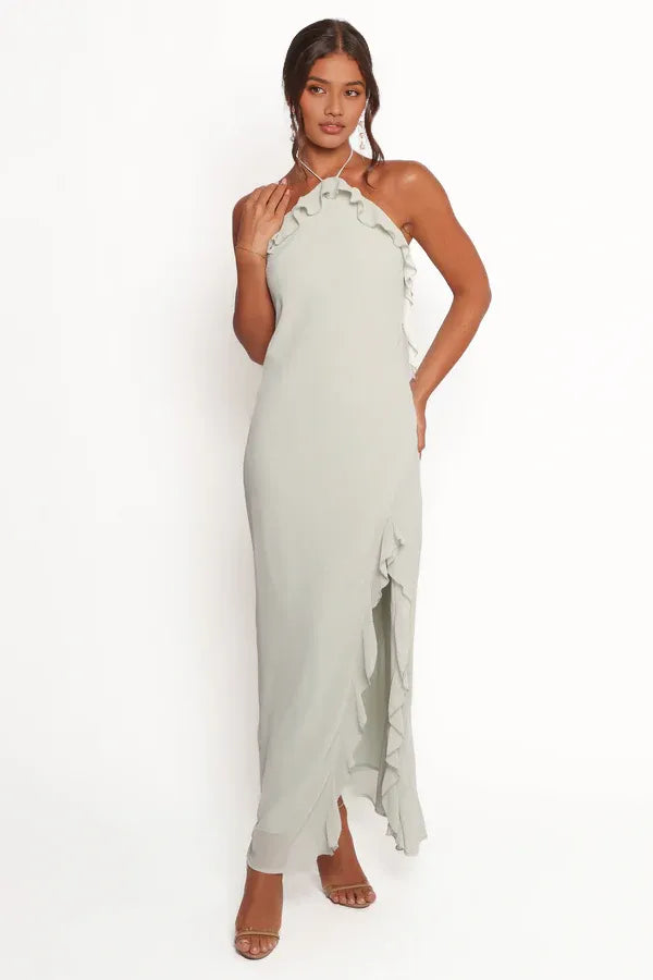 Beautiful Timeless Special Occasion Elegant Sage Green Sheath Halter Sleeveless Prom Dress