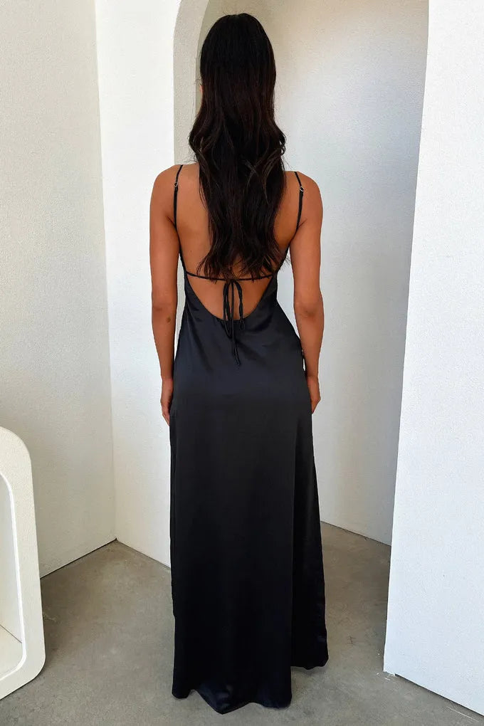 Timeless Special Occasion Sophisticated Elegant Black Satin Sheath Sleeveless Floor-Length Prom Dress