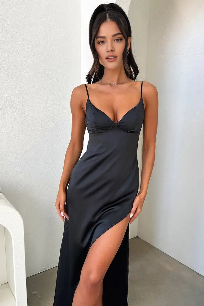 Timeless Special Occasion Sophisticated Elegant Black Satin Sheath Sleeveless Floor-Length Prom Dress