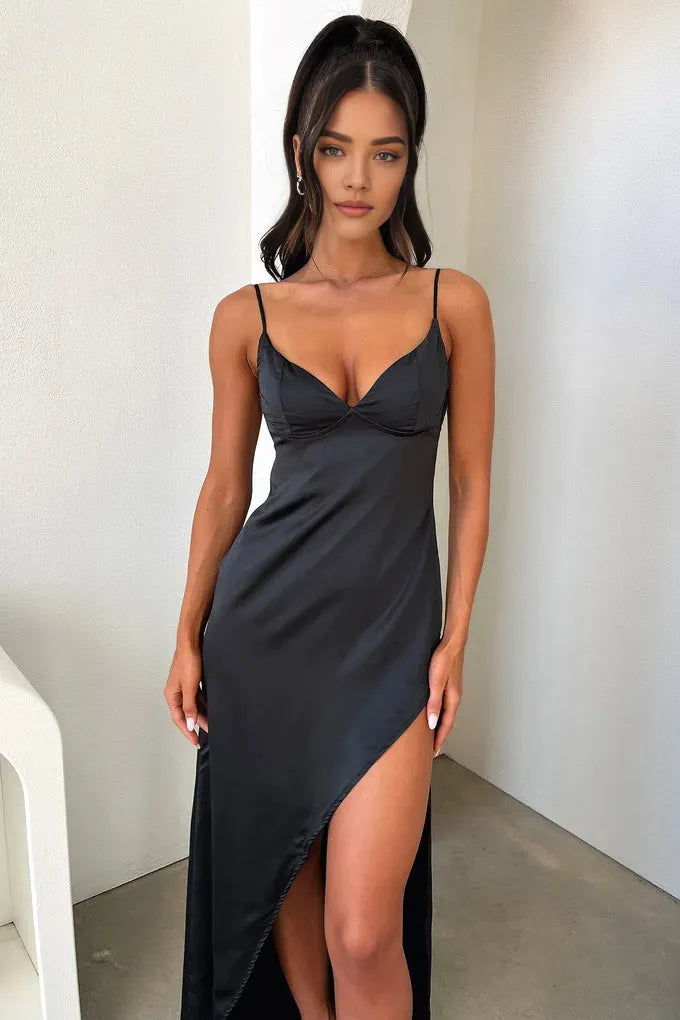 Timeless Special Occasion Sophisticated Elegant Black Satin Sheath Sleeveless Floor-Length Prom Dress