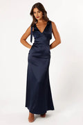 Graceful Stylish Refined Elegant Navy Blue Satin Sheath Sleeveless Floor-Length Prom Dress