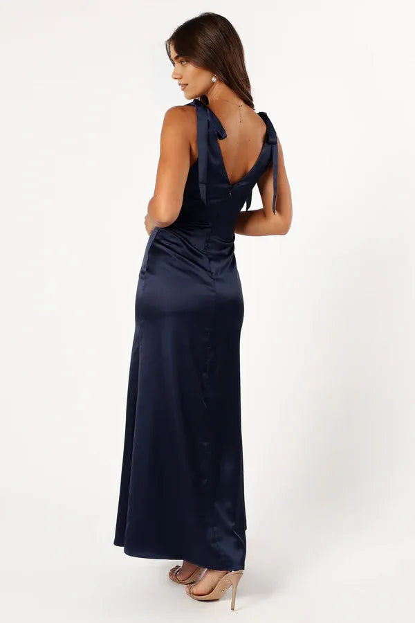 Graceful Stylish Refined Elegant Navy Blue Satin Sheath Sleeveless Floor-Length Prom Dress