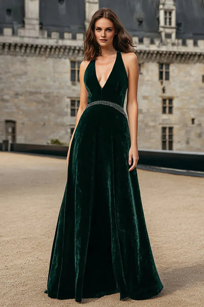 Sophisticated Graceful Elegant Emerald Green Velvet A-Line Halter Sleeveless Floor-Length Prom Dress