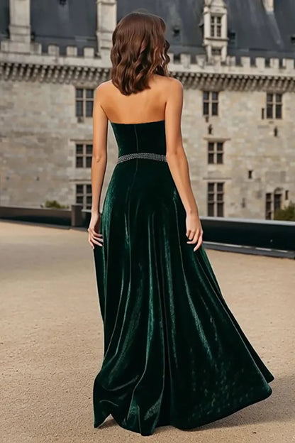 Sophisticated Graceful Elegant Emerald Green Velvet A-Line Halter Sleeveless Floor-Length Prom Dress