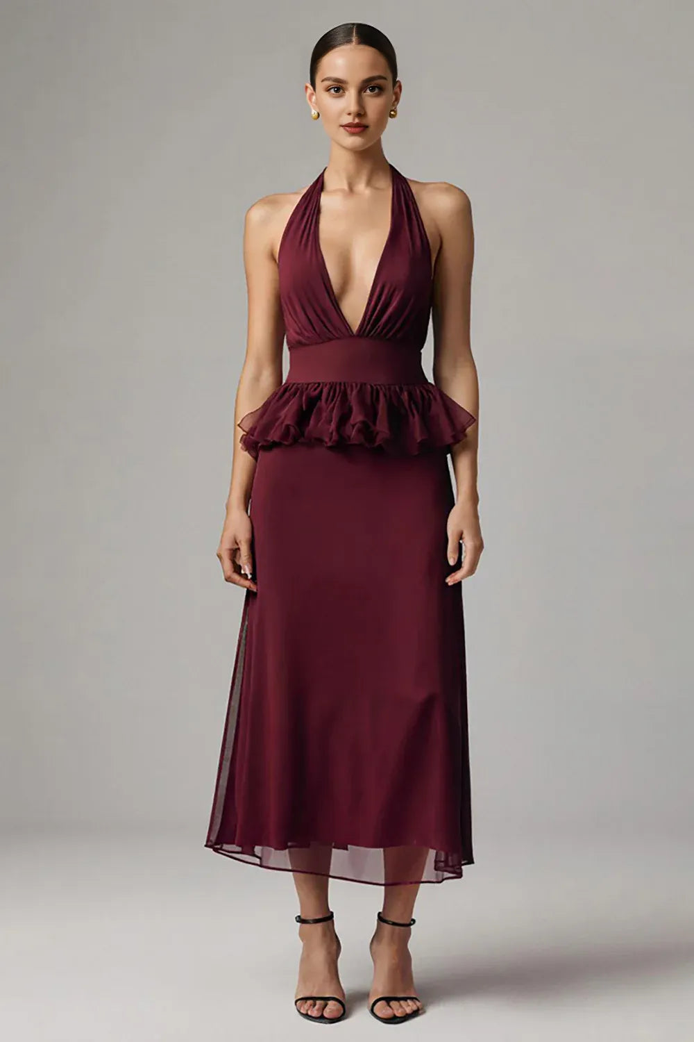Stylish Refined Beautiful Timeless Elegant Burgundy Chiffon Sheath Halter Sleeveless Prom Dress